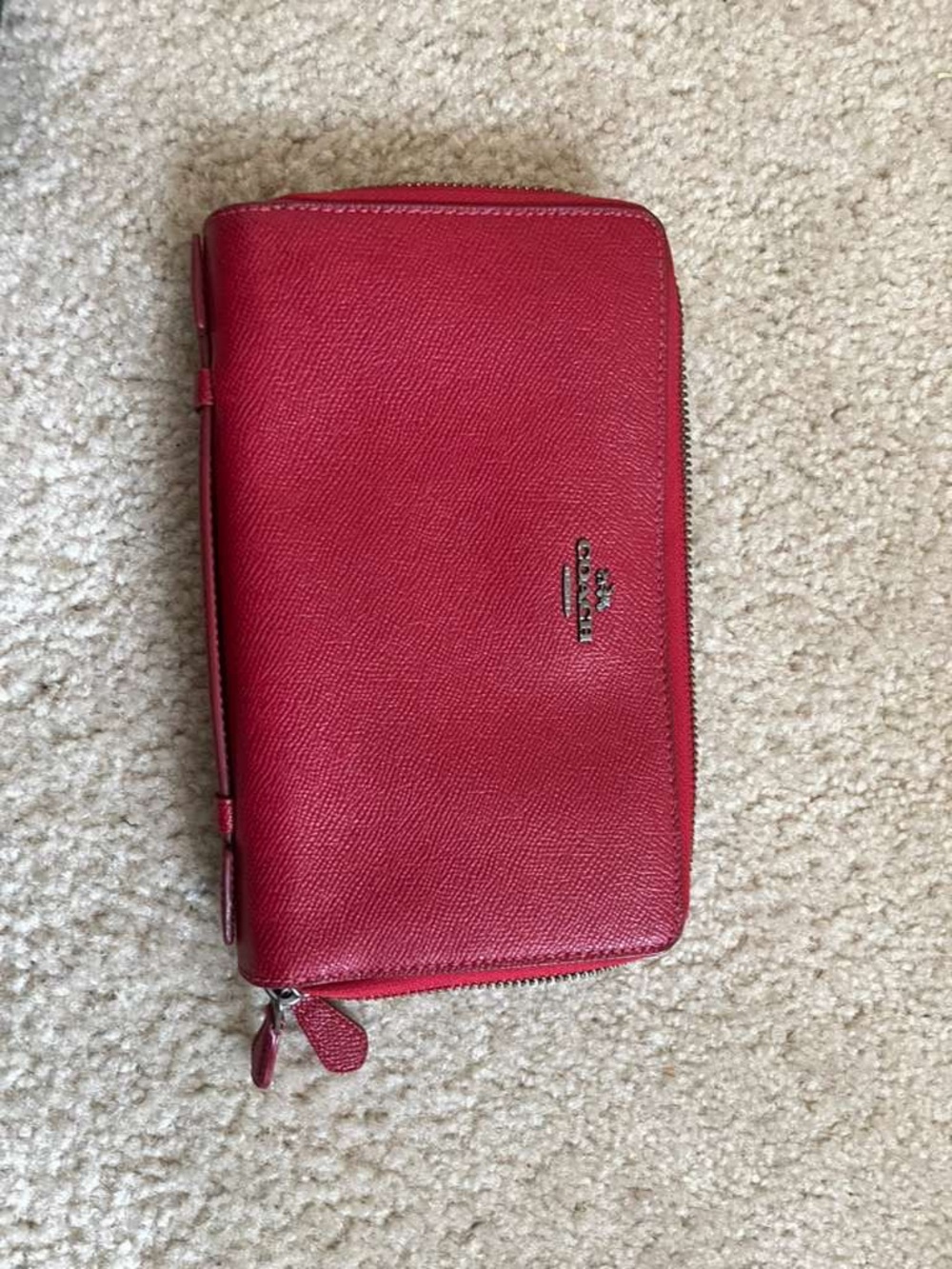 Coach Cherry Red Pebbled Leather Zip Wallet with Silver Logo
